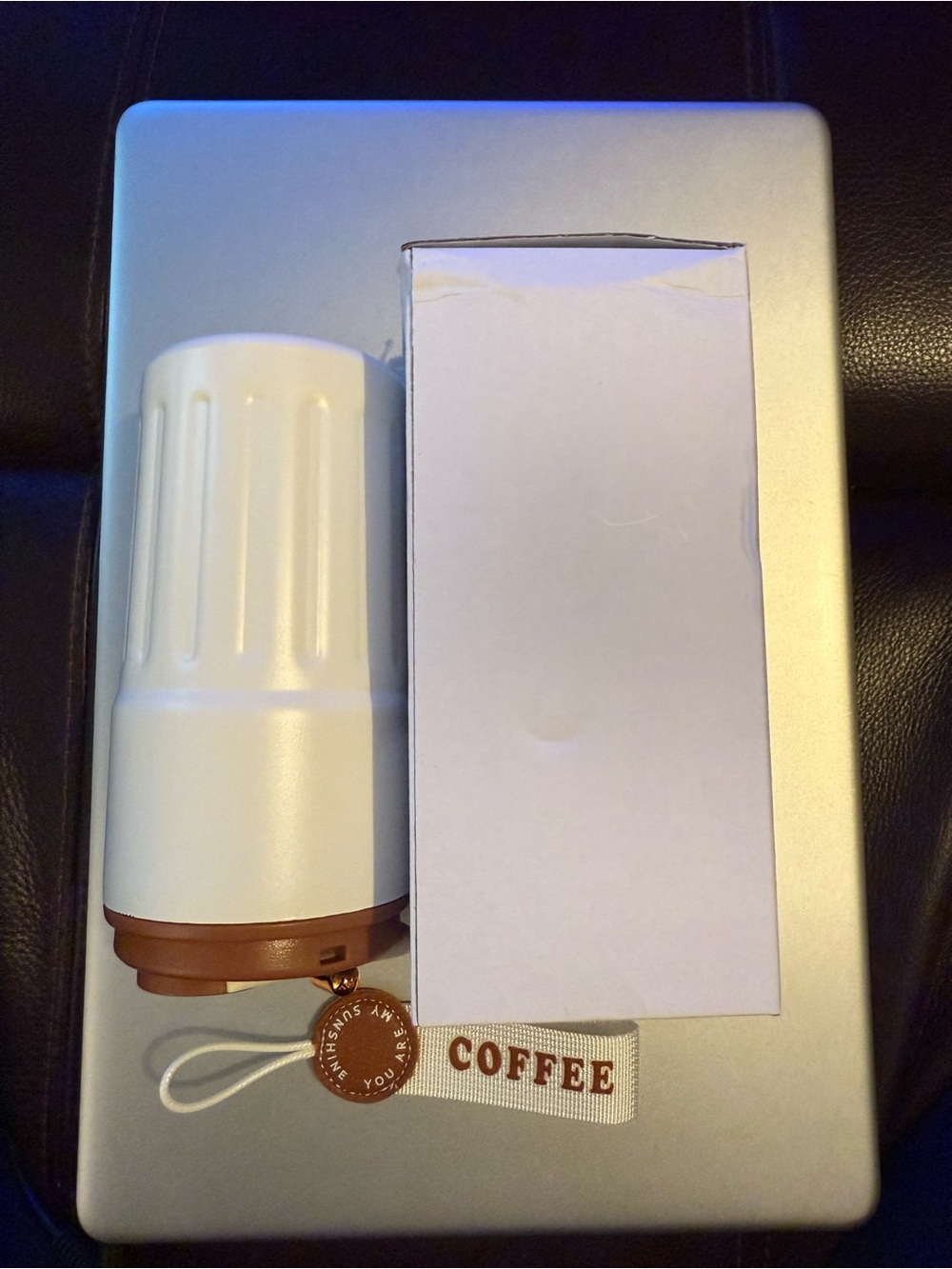 White and Brown Travel Coffee Tumbler with Carry Strap